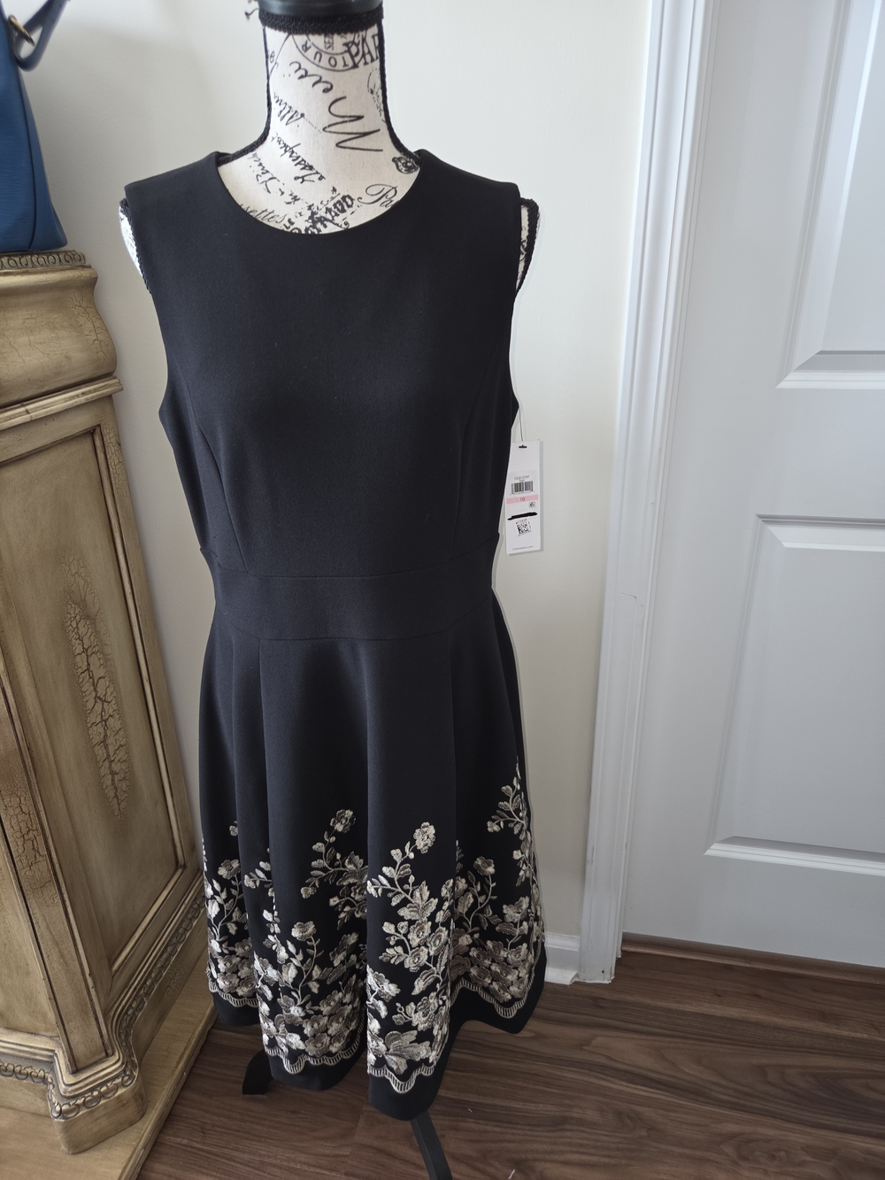 Calvin Klein Black Sleeveless Fit-and-Flare Dress with Gold Floral Embroidery